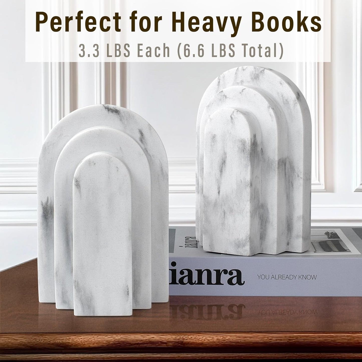 LIN CHUAN Heavy Duty Bookends for Shelves, 6.6 LBS Heavy Book Ends for Heavy Books, Decorative Modern Bookends with Faux Sandstone Look, Layered Arch Book Stopper for Bookshelf Holder Set of 2, Beige