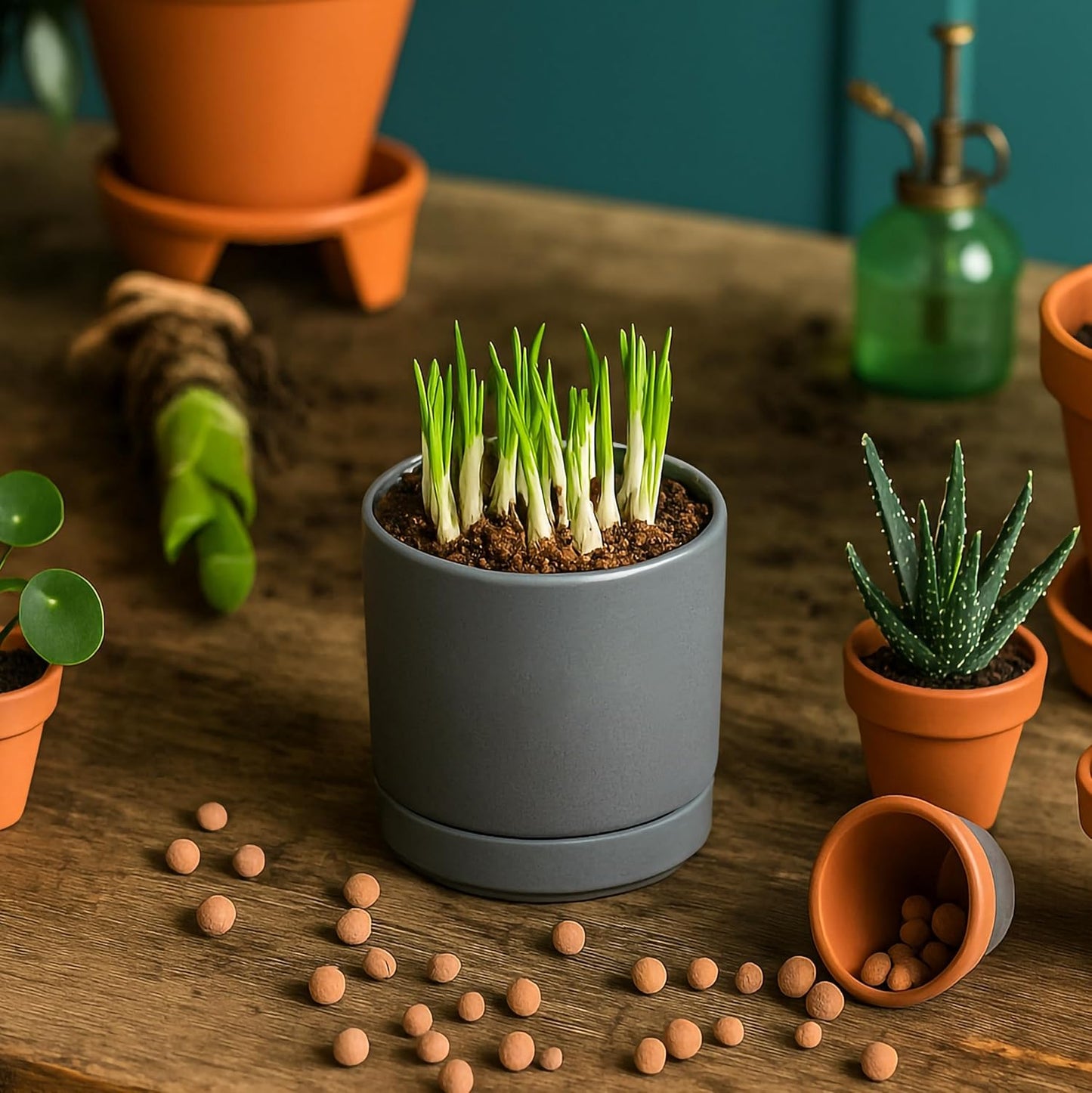 D'vine Dev 6.5 Inch Ceramic Planter Pot with Drainage Hole and Saucer, Indoor Cylinder Round Planter Pot, Olive, 94-O-C-J