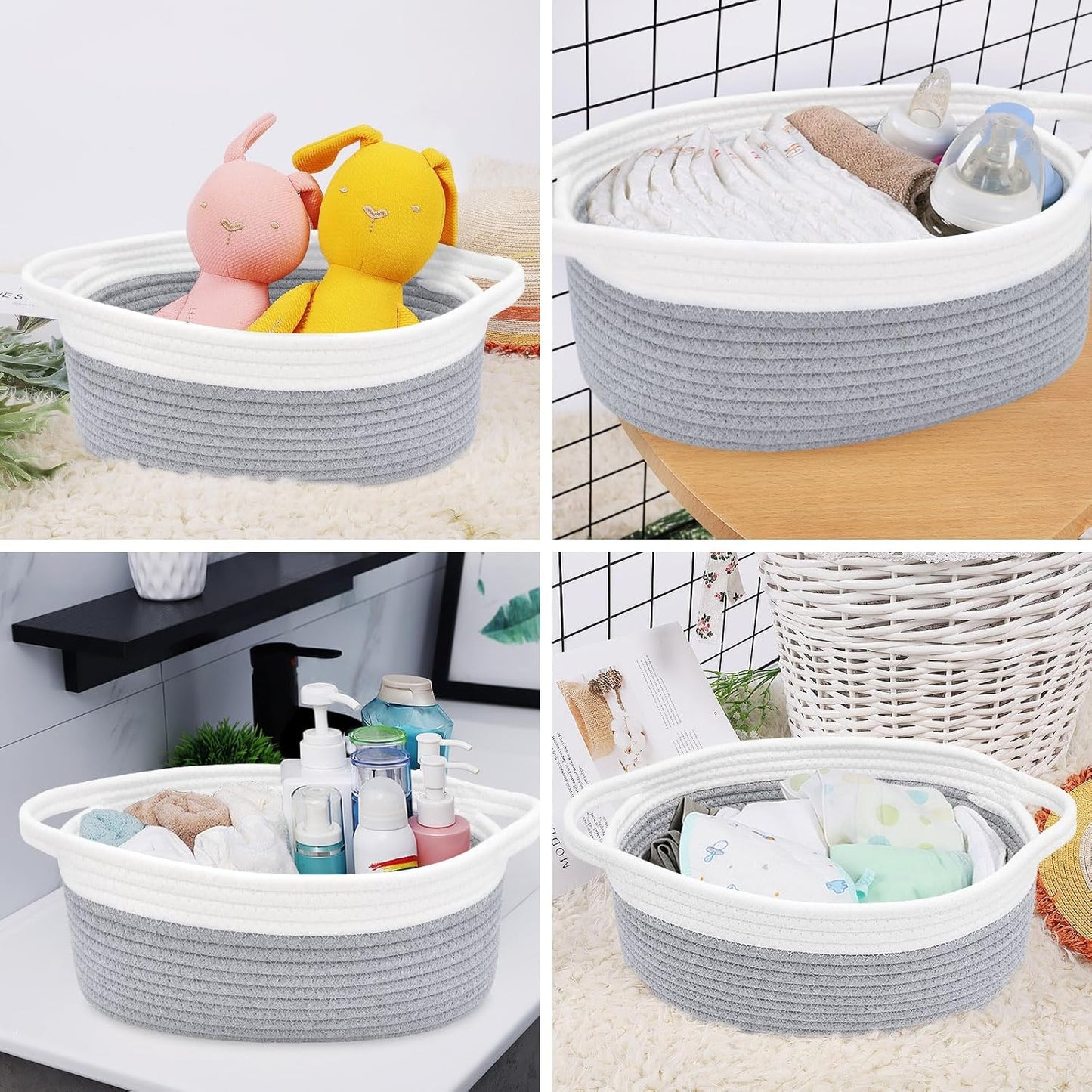 ABenkle Small Basket with Handles, Boho Decorative Rope Woven Dog Cat Toy Storage Bin Shelf Storage Organizer, Easter Christmas Gift Basket, 12"x8"x5", White