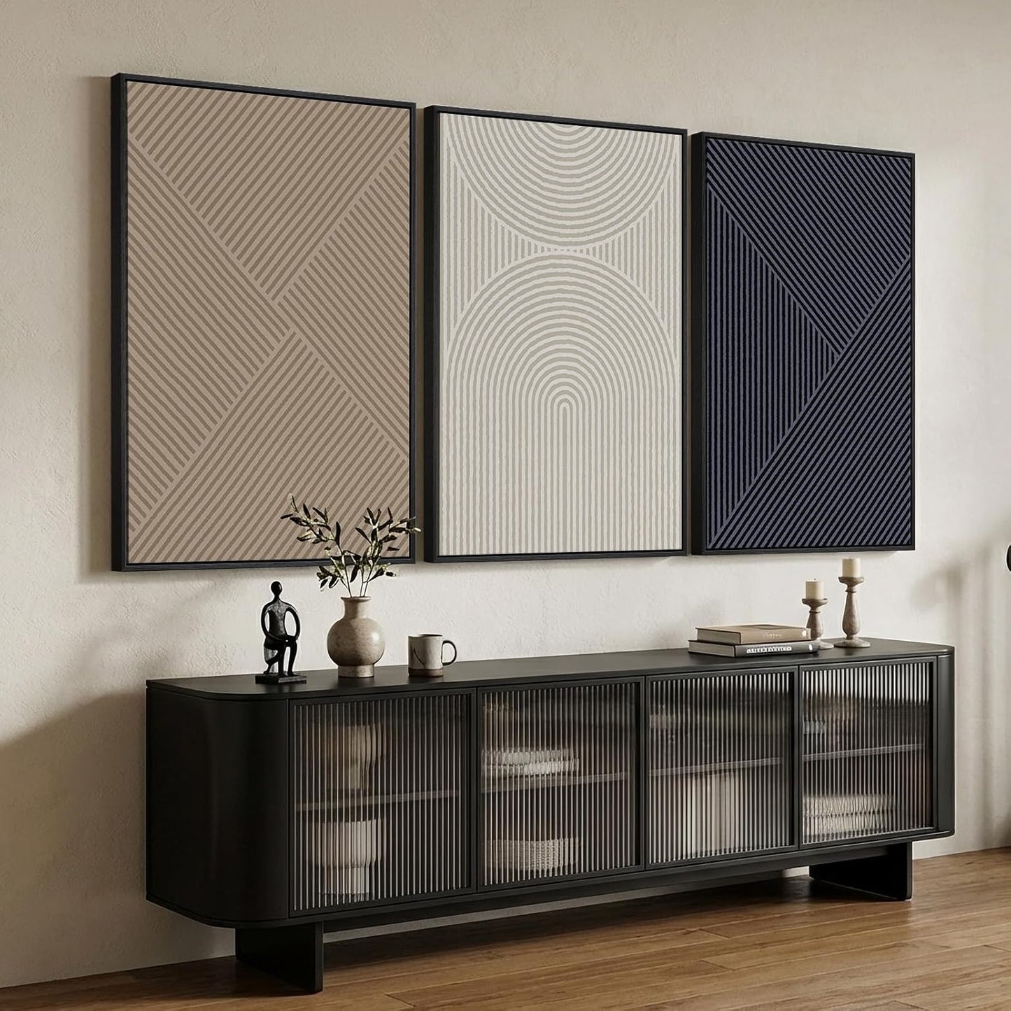 Large Framed Neutral Abstract Wall Art for Living Room, 3 Piece Modern Canvas Prints Paintings Artwork for Walls, Black and Beige Pictures for Living Room Hallway Stair Office Wall Decor 24x36 Inch
