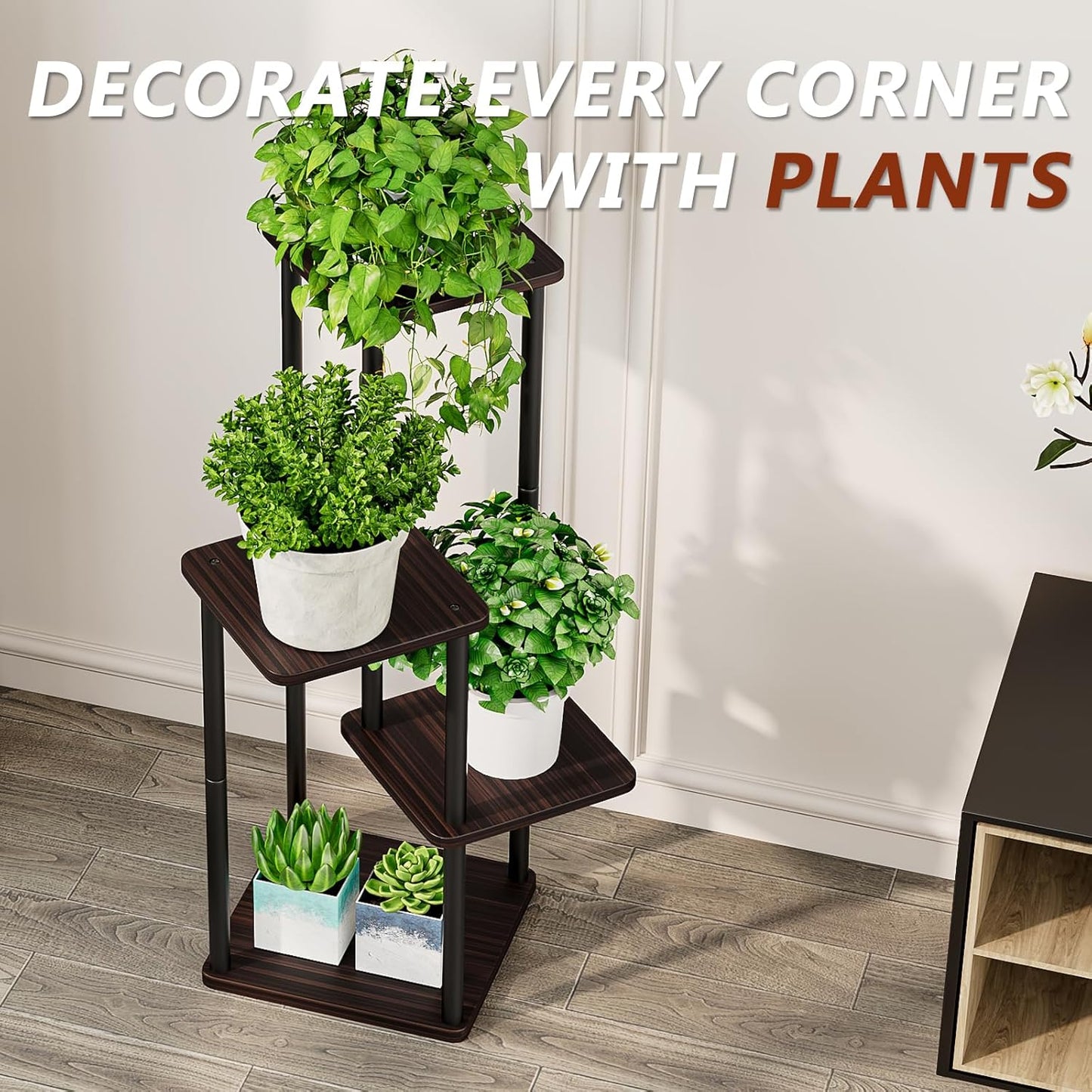 AZERPIAN Plant Stand 5 Tier Indoor Metal Flower Shelf for Multiple Plants Corner Tall Flower Holders for Patio Garden Living Room Balcony Bedroom, Black (5 Tier-Black)