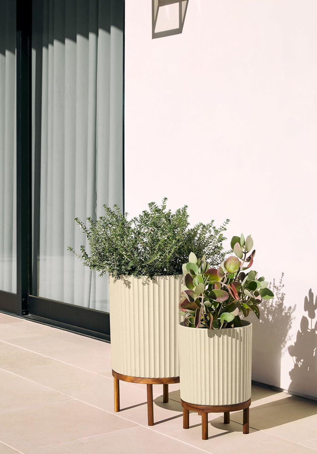 Veradek Demi Series Round Planter w/ Stand for Porch/Patio | Durable Plastic-Concrete & Wooden Stand | Modern Décor for Tall Plants, Flowers