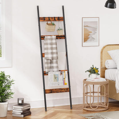 Blanket Ladder, 5-Tier Towel Holder with 4 Removable Hooks, Farmhouse Wall Leaning Decorative Rack Shelf, Wooden Towel Display Rack, Quilt Ladder for Living Room, Bedroom, Rustic Brown