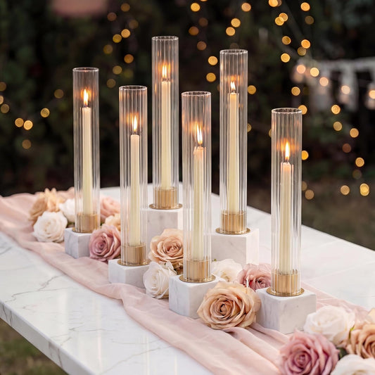 NUPTIO Hurricane Candle Holder for Centerpiece: Set of 10 Metal Taper Candle Holders with Fluted Glass Cylinders - Gold Candlestick Holders Bulk for Outdoor Party Dinner Wedding Table Decoration