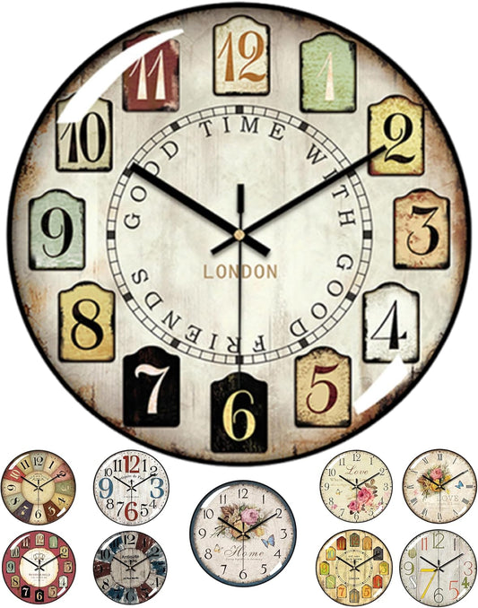 Decorative Wall Clock Battery Operated, 12-Inch Retro Vintage Floral Butterfly Pattern, Glass Dial, Silent Non-Ticking, Roman Numerals, for Living Room Bedroom Office
