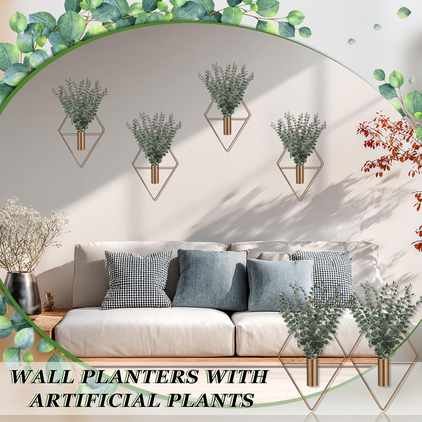 Jexine 4 Pcs Hanging Planters with Artificial Eucalyptus Metal Hanging Vase Indoor Plants Holder Modern Geometric Boho Bathroom Wall Decor for Living Room Home Office(Black)