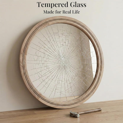 30" Round Solid Wood Mirror for Bathroom Vanity, Handcrafted Beaded Circle Wall Mirror - Natural Boho Farmhouse Decor for Entryway & Bedroom