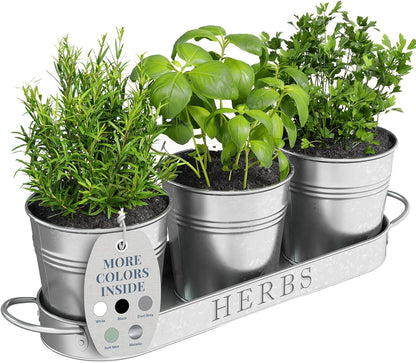 Barnyard Designs Indoor Herb Garden Planter Set with Tray, Metal Windowsill Plant Pots with Drainage for Outdoor or Indoor Plants, Set/3 (White)