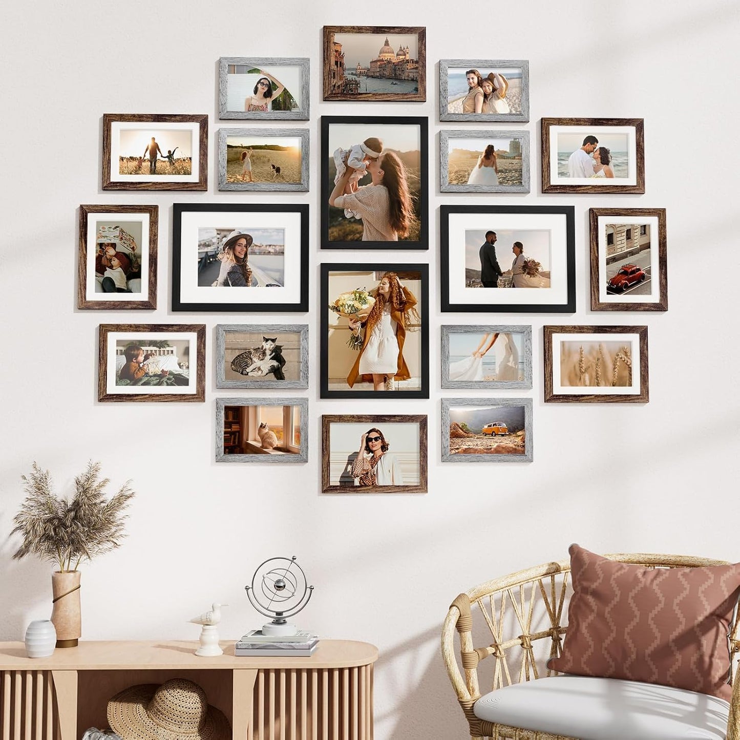 Vittanly 20 Pack Picture Frames Collage Wall Decor, Multi Sizes Including 4pcs 8x10, 8pcs 5x7 and 8pcs 4x6 Photo Frames, Gallery Frame Set for Wall or Tabletop Display, Black, Brown and Dark Grey