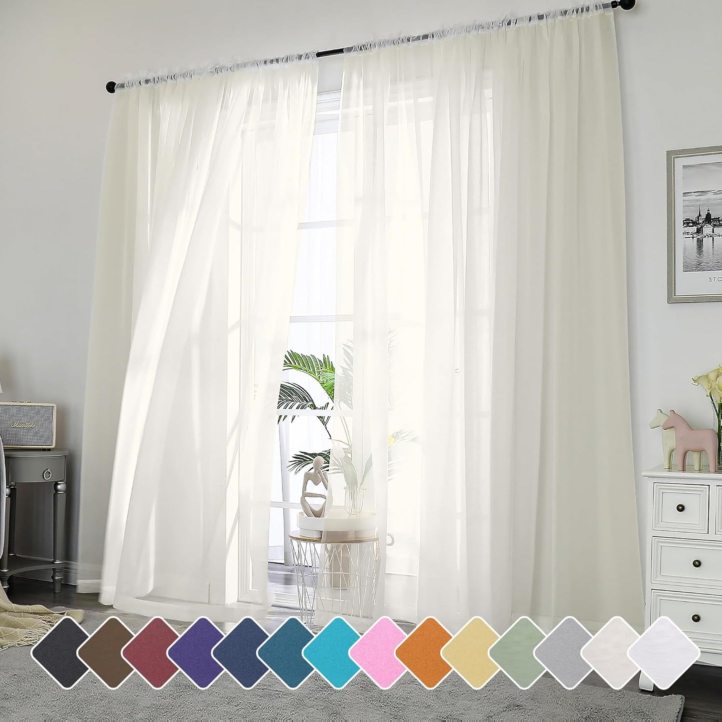 Chyhomenyc Sheer White Valances for Windows 2 Pack, Small Window Curtains for Living Room Bathroom Cafe Laundry Basement, Modern Top Dual Rod Pocket Voile Curtain, 42W x 14L inches, White - Colors C
