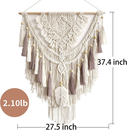 Lokeisna Macrame Wall Hanging, Woven Tapestry Beige & Dusty Rose Handmade Craft Macrame Wall Decor, Gallery & Nursery, Size 37.4” Lx27.5” W