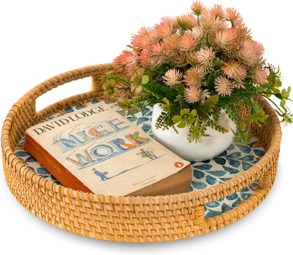 KOLWOVEN Round Rattan Tray with Handle, Rattan Serving Tray with Mother of Pearl Inlay Wooden Base, Decorative Wicker Basket for Table Decor (Blue Leaves)