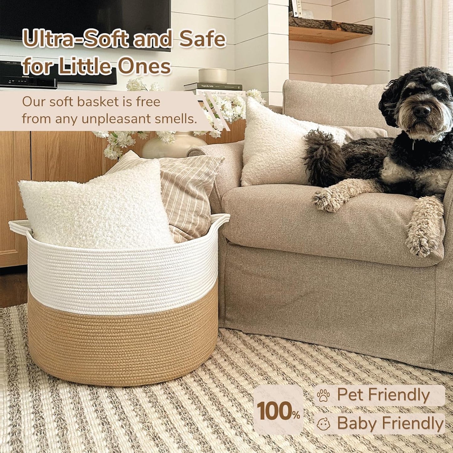 INDRESSME XXXLarge Blanket Basket for Living Room 21.7" x 21.7" x 13.8"-Storage Basket with Handle for Organizing Toy Pillows Woven Cotton Rope Laundry Basket Stuffed Animal Toy Storage for Play Room
