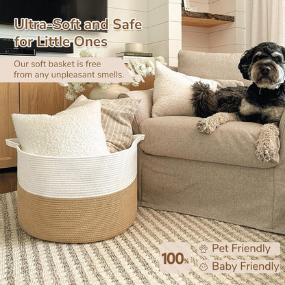 INDRESSME XXXLarge Blanket Basket for Living Room 21.7" x 21.7" x 13.8"-Storage Basket with Handle for Organizing Toy Pillows Woven Cotton Rope Laundry Basket Stuffed Animal Toy Storage for Play Room