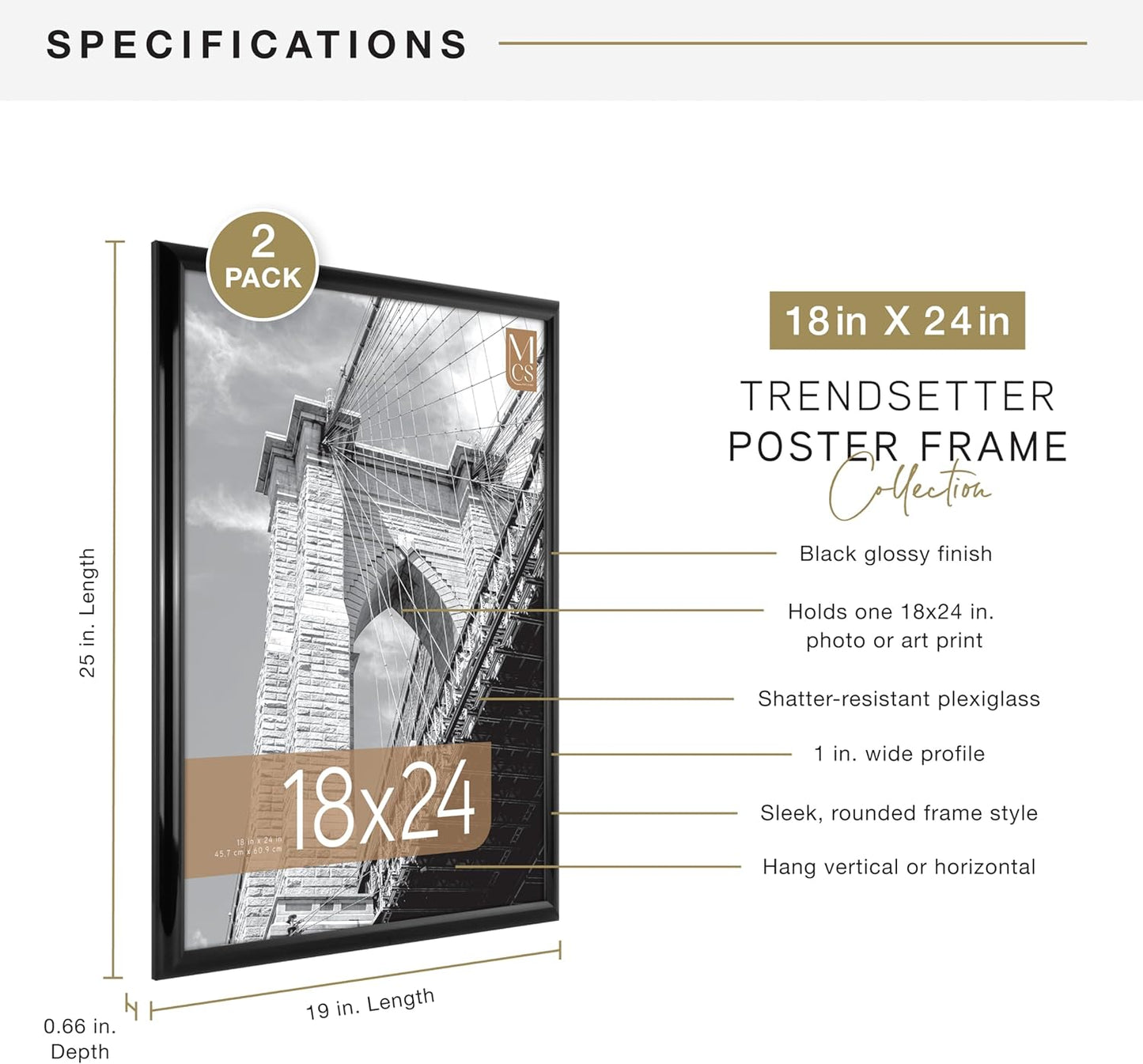 MCS Trendsetter 24x36 Poster Frame Black High-Gloss, Vertical & Horizontal Wall Hanging Large Picture Frame for Photos, Posters & Art Prints (1-Pack)