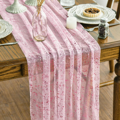 Artoid Mode Beige Gold Gauze Table Runner 120 Inch 10FT, Glitter Metallic Foil Sheer Dining Wedding Anniversary Holiday Birthday Table Decor for Home Party