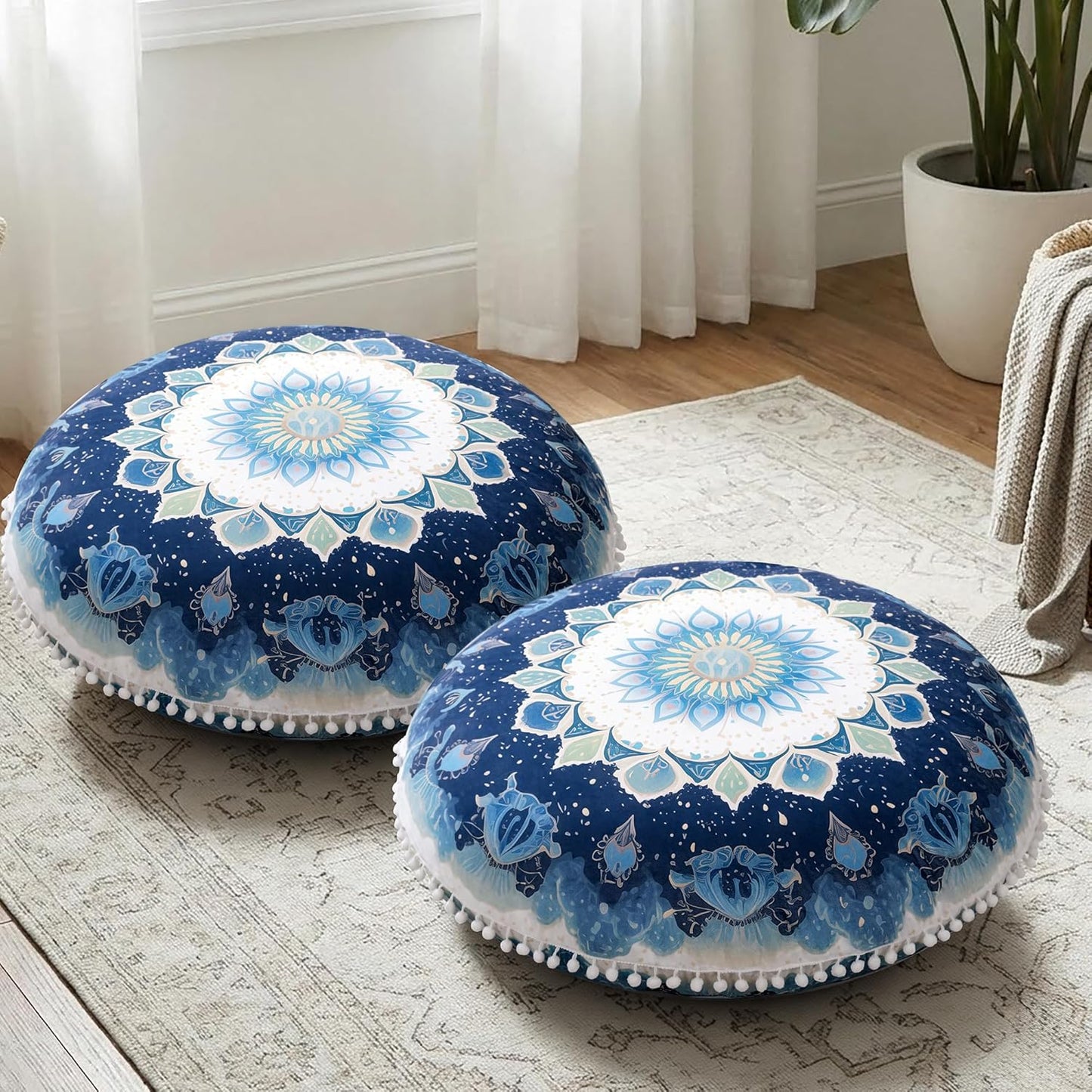 Meditation Cushion Set of 2, 32 Inch Extra Thick Memory Foam Round Floor Pillow with Removable Washable Cover, Bohemian Mandala Yoga Cushion for Adults - Ideal Holiday Decor, Brown