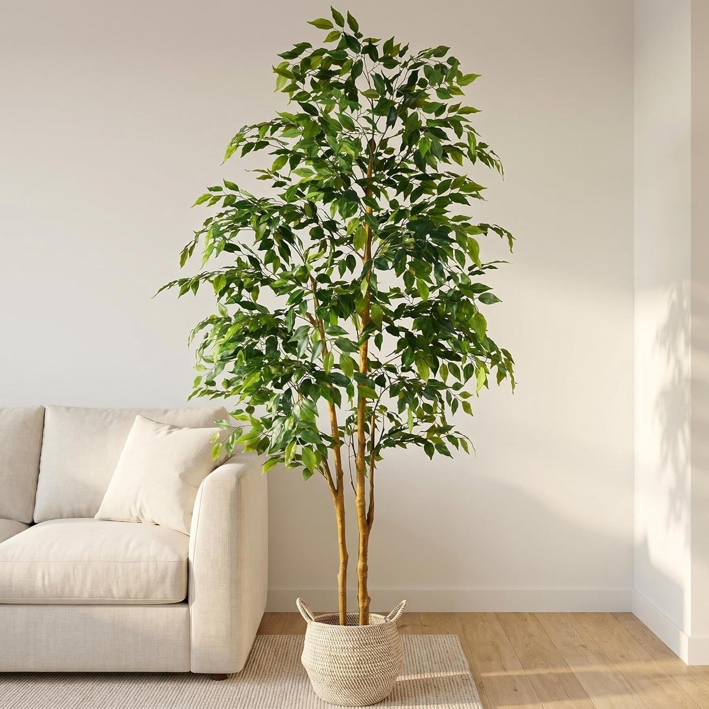 Warmplants Artificial Ficus Tree, 7ft Silk Fake Ficus Leaves Plant with Basket, Indoor Outdoor Faux Green Tree for Home Garden Office House Livingroom Décor