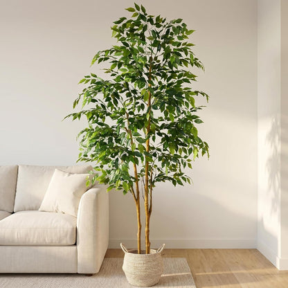 Warmplants Artificial Ficus Tree, 7ft Silk Fake Ficus Leaves Plant with Basket, Indoor Outdoor Faux Green Tree for Home Garden Office House Livingroom Décor