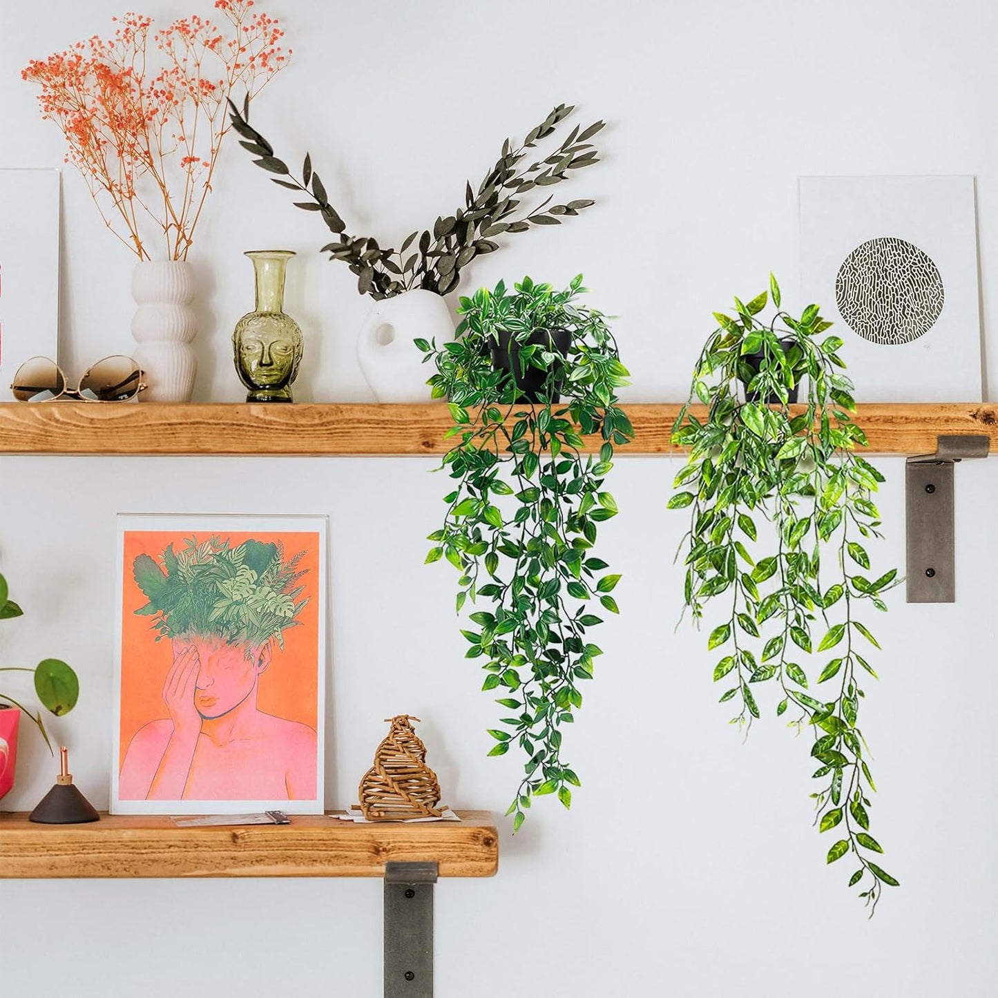 Clearain 1pcs Fake Hanging Plants, Artificial Small Potted Plants, Mini Faux Succulent Plant for Indoor Outdoor Aesthetic Office Living Room Shelf Home Decor (Eucalyptus leaves-1pcs)