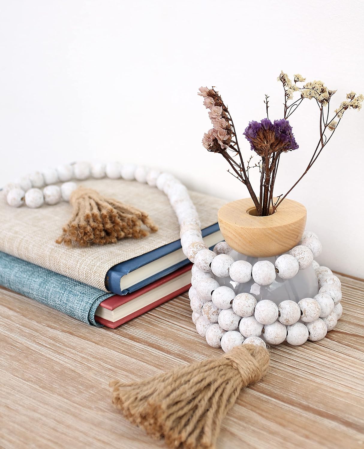58in Wood Bead Garland with Tassels, Farmhouse Rustic Country Decor Prayer Boho Wall Hanging Decoration (Nature)