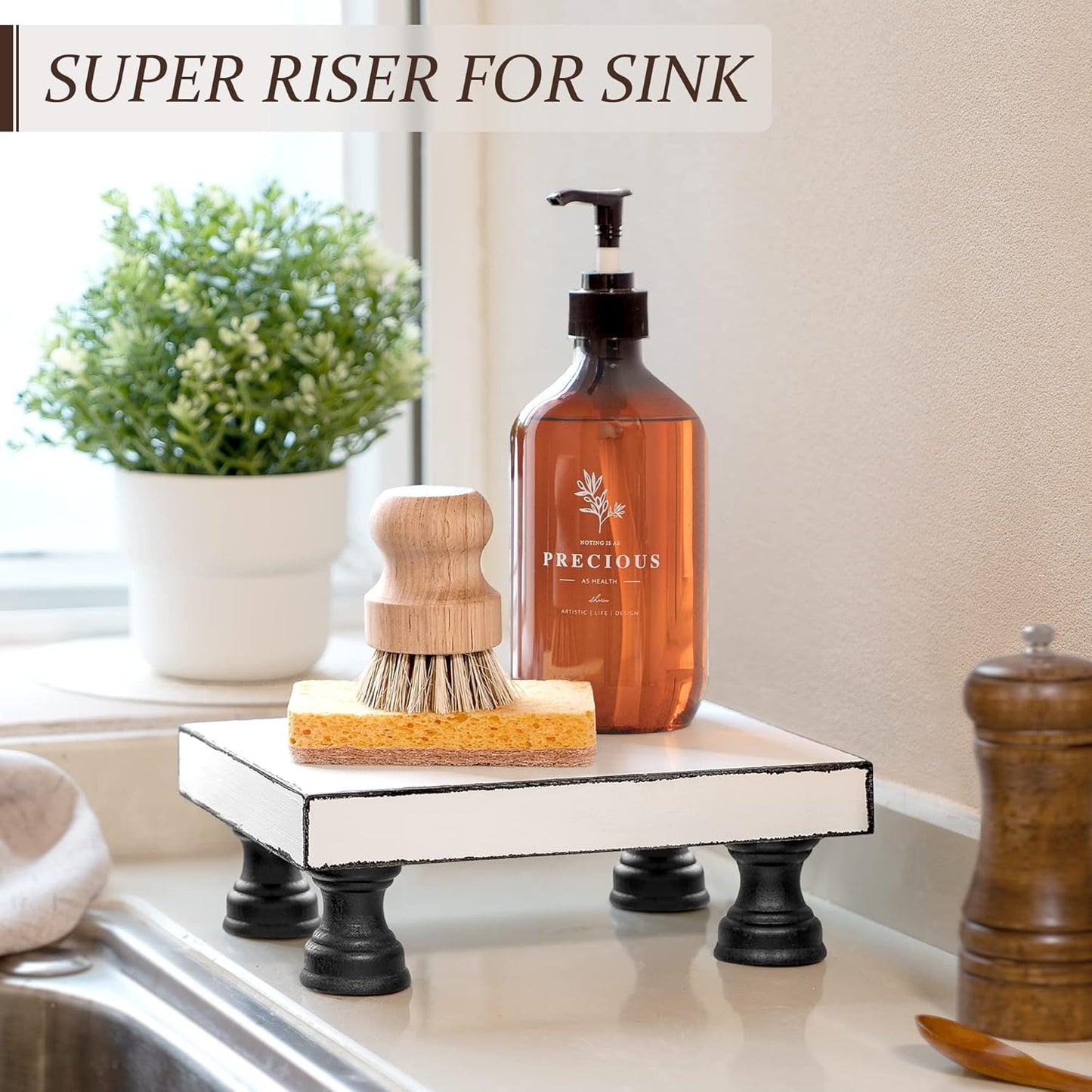 EOSAHR Farmhouse Riser for Room Decor : Decorative Pedestal Stand For Display Your Home Decorations and Uniquely Soap Stand - Rustic Bathroom Counter Tray and Kitchen Decor (Natural Wood)