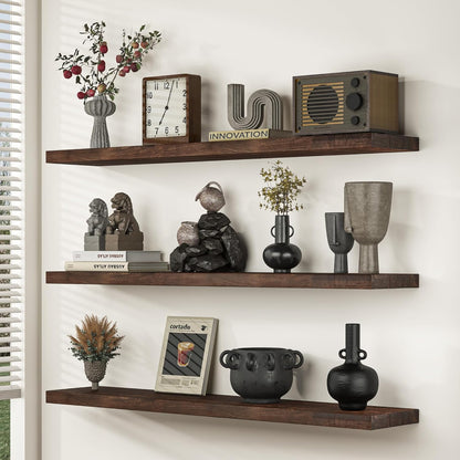 Floating Shelves 36 Inches Long - 8 Inch Deep Rustic Premium Solid Pine Wood for Storage - Farmhouse Wall Mounted for Living Room - Heavy-Duty Metal Bracket - 36" W x 8" D - Set of 2 - White Color