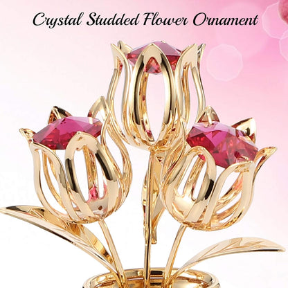 Matashi 24K Gold Plated Crystal Flower Figurine with Clear Crystals & Butterfly – Luxury Decorative Tulip Statue, Elegant Tabletop Home Décor, for Mother's Day, Valentine's Day, Christmas