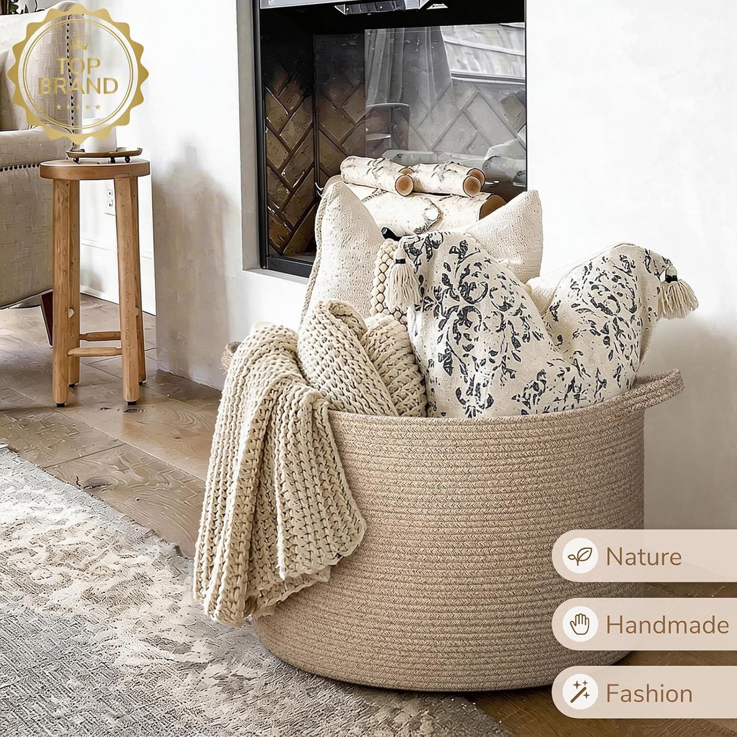 INDRESSME XXXLarge Blanket Basket for Living Room 21.7" x 21.7" x 13.8"-Storage Basket with Handle for Organizing Toy Pillows Woven Cotton Rope Laundry Basket Stuffed Animal Toy Storage for Play Room