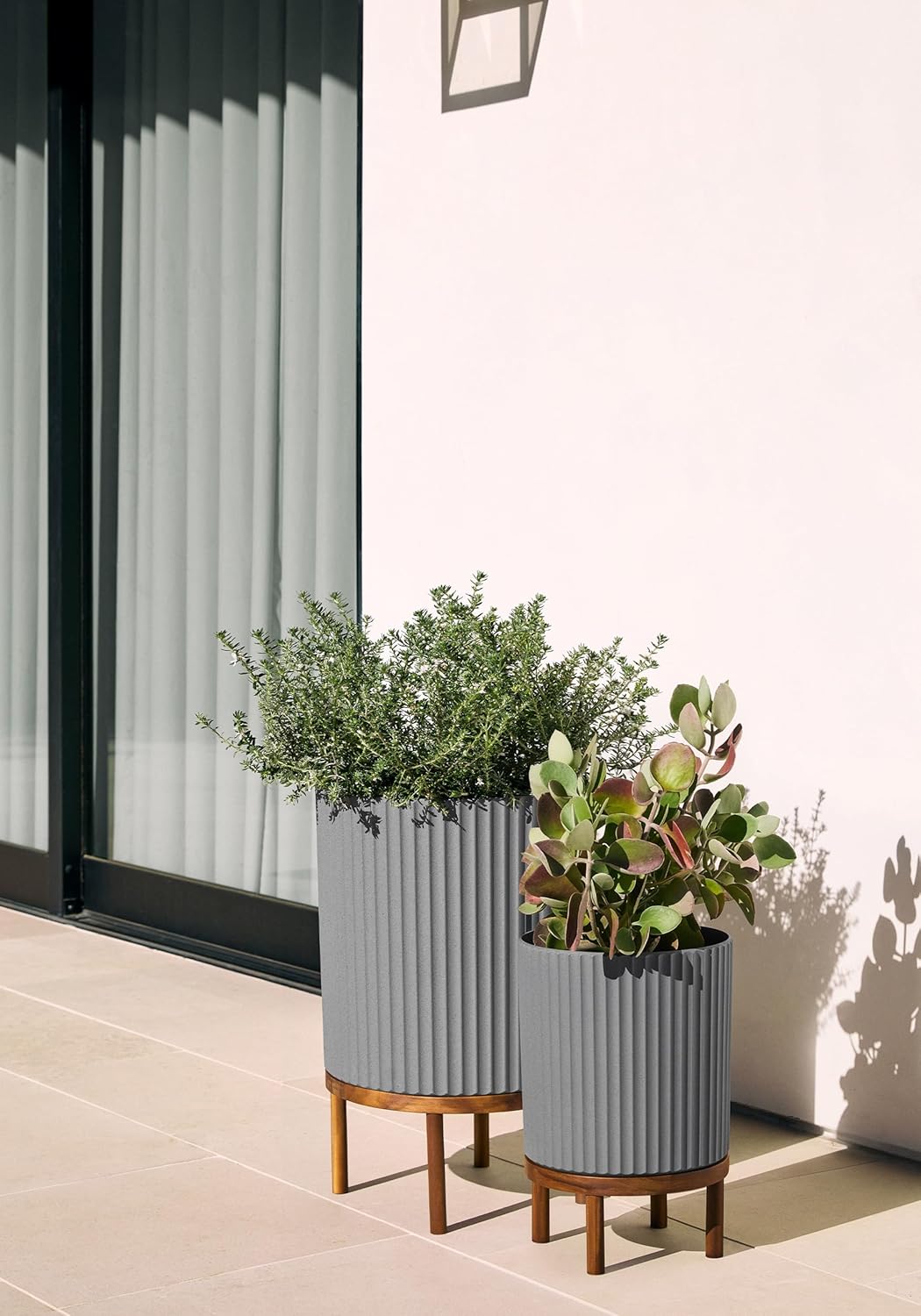 Veradek Demi Series Round Planter w/ Stand for Porch/Patio | Durable Plastic-Concrete & Wooden Stand | Modern Décor for Tall Plants, Flowers