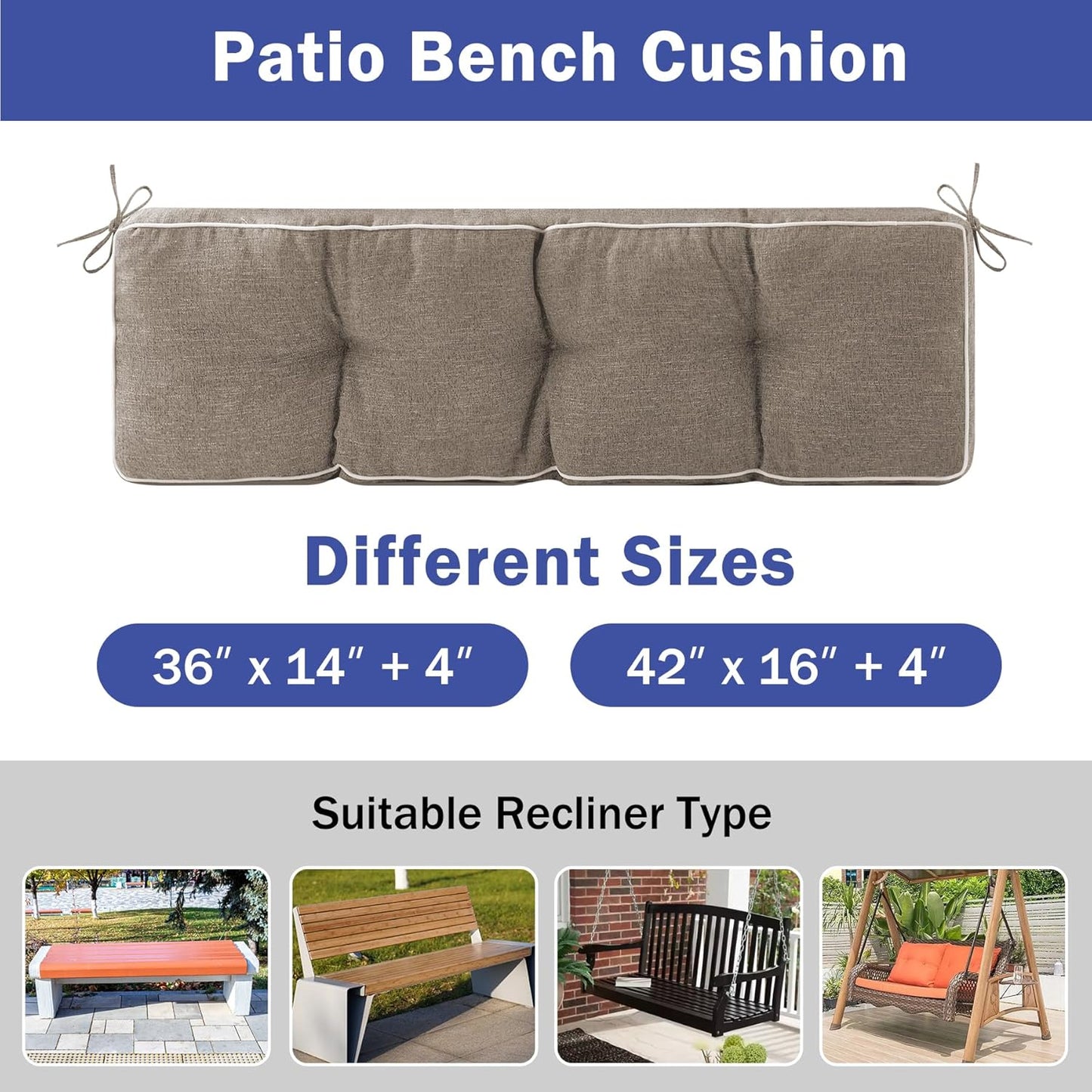 IPYNBAP Bench Cushion, 42 x 16 Inch Patio Furniture Cushions with Durable Ties, Soft Memory Foam Bench Cushions for Indoor/Outdoor Furniture with Non-Slip Bottom, Kitchen&Dining, Dark Grey