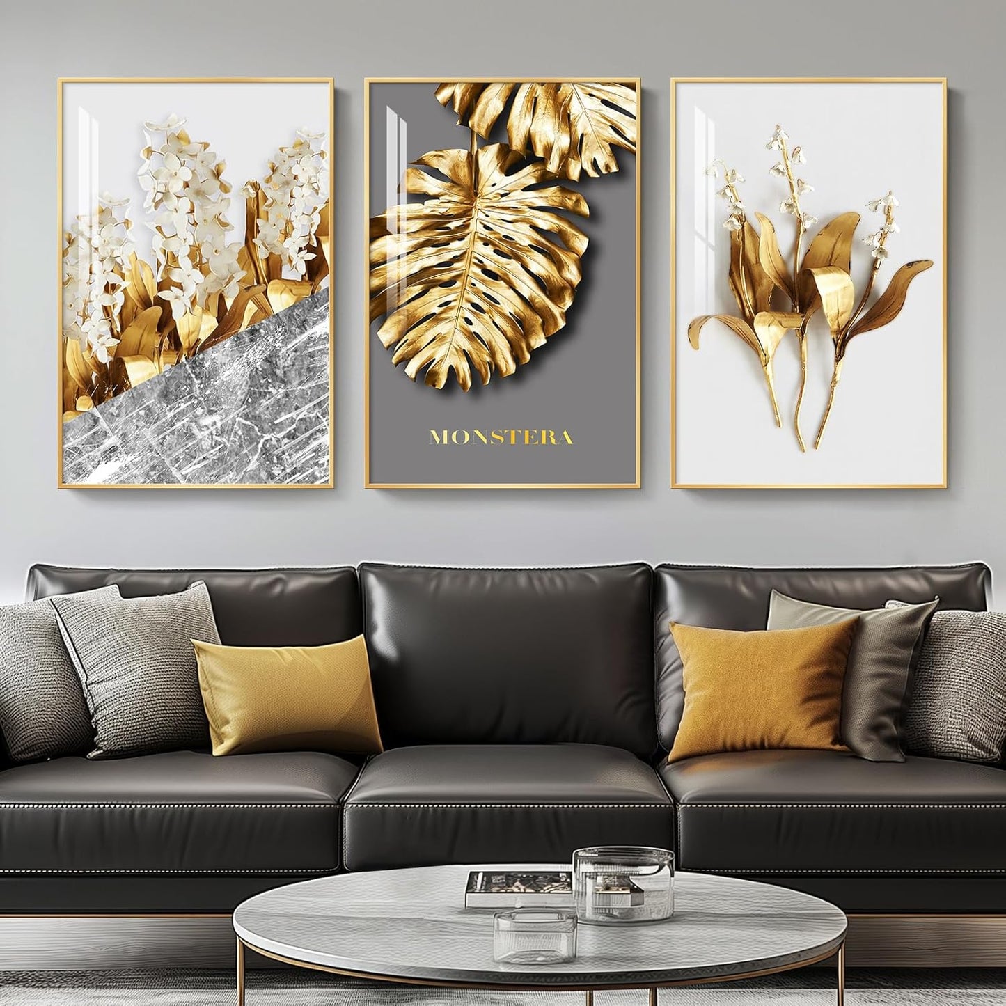 Framed Modern Luxury Gold Wall Art, Set of 3 Piece Contemporary Paintings Artwork for Walls, Golden Prints Pictures with Gold Frame, Wall Decor for Living Room, Hallway, Bedroom, Office 16x24 Inch