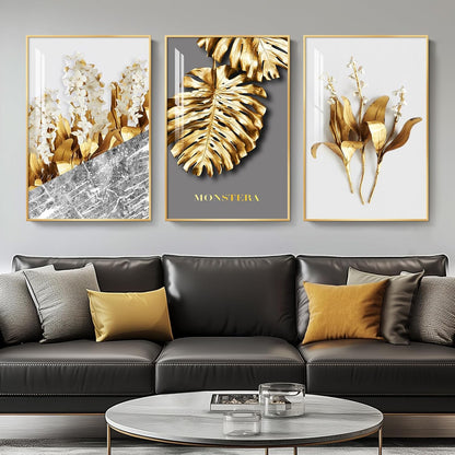 Framed Modern Luxury Gold Wall Art, Set of 3 Piece Contemporary Paintings Artwork for Walls, Golden Prints Pictures with Gold Frame, Wall Decor for Living Room, Hallway, Bedroom, Office 16x24 Inch