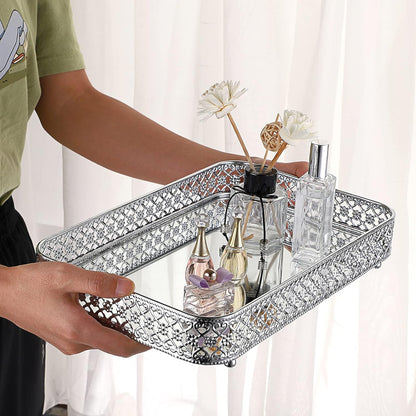 ELLDOO Perfume & Makeup Vanity Tray - Hollow-Carved Jewelry Storage, Glass & Metal Trinket Organizer for Dresser & Bathroom Countertop, Gold, Medium Size