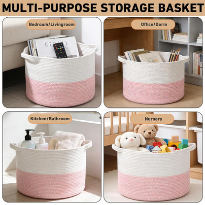 Large Woven Blanket Basket,65L Cotton Rope Laundry Basket Hamper with Handles, Decorative Nursery Basket Storage Bin for Toys, Clothes Organizer, Living Room, Bedroom, Bathroom, White & Brown