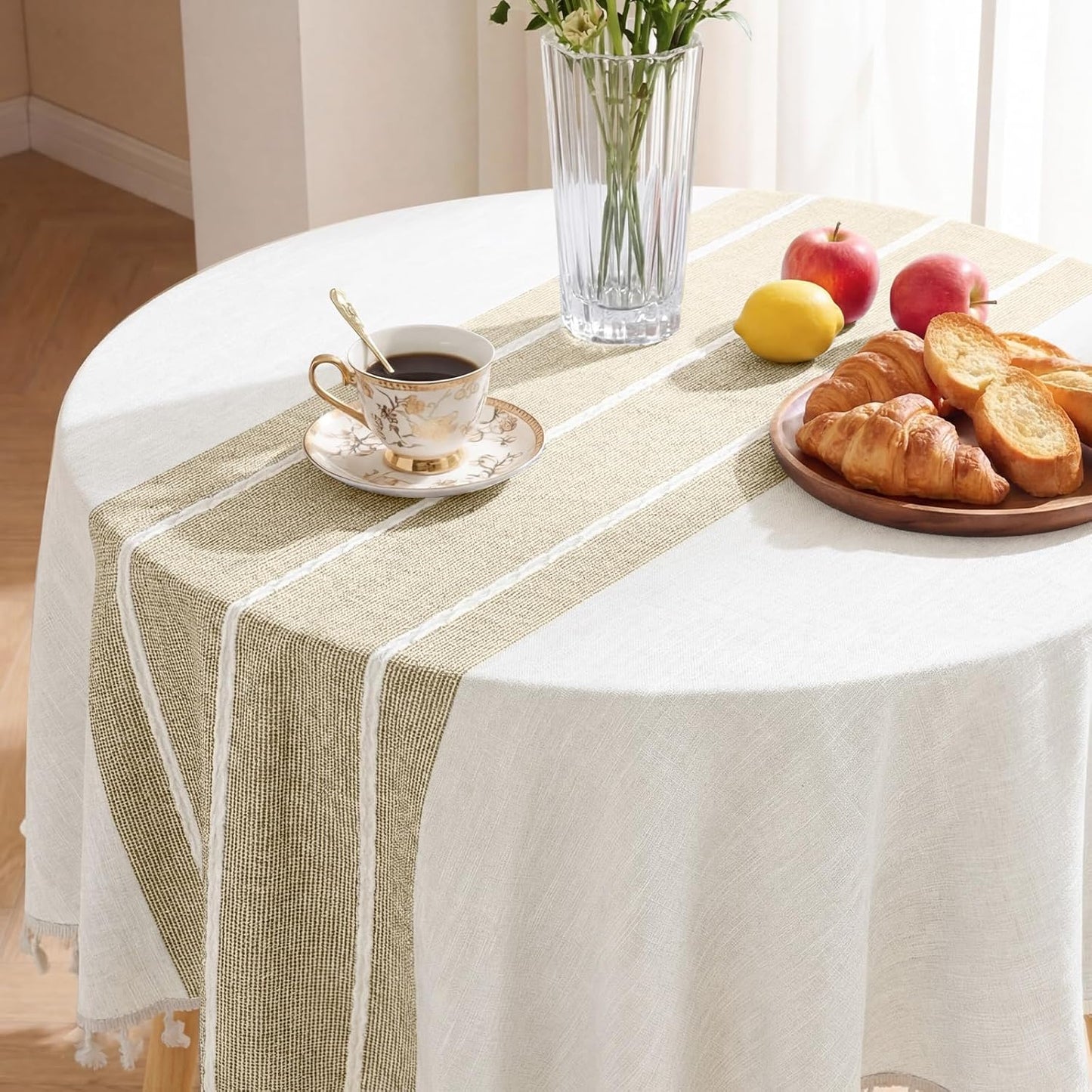 Softalker Outdoor Tablecloth Rectangle, Waterproof Linen Cotton Farmhouse Table Cloths with Tassel, Heavy Weight Wrinkle Free Boho Table Cover for Picnic Camping Dining - 55 x 70 Inch, Coffee Lines