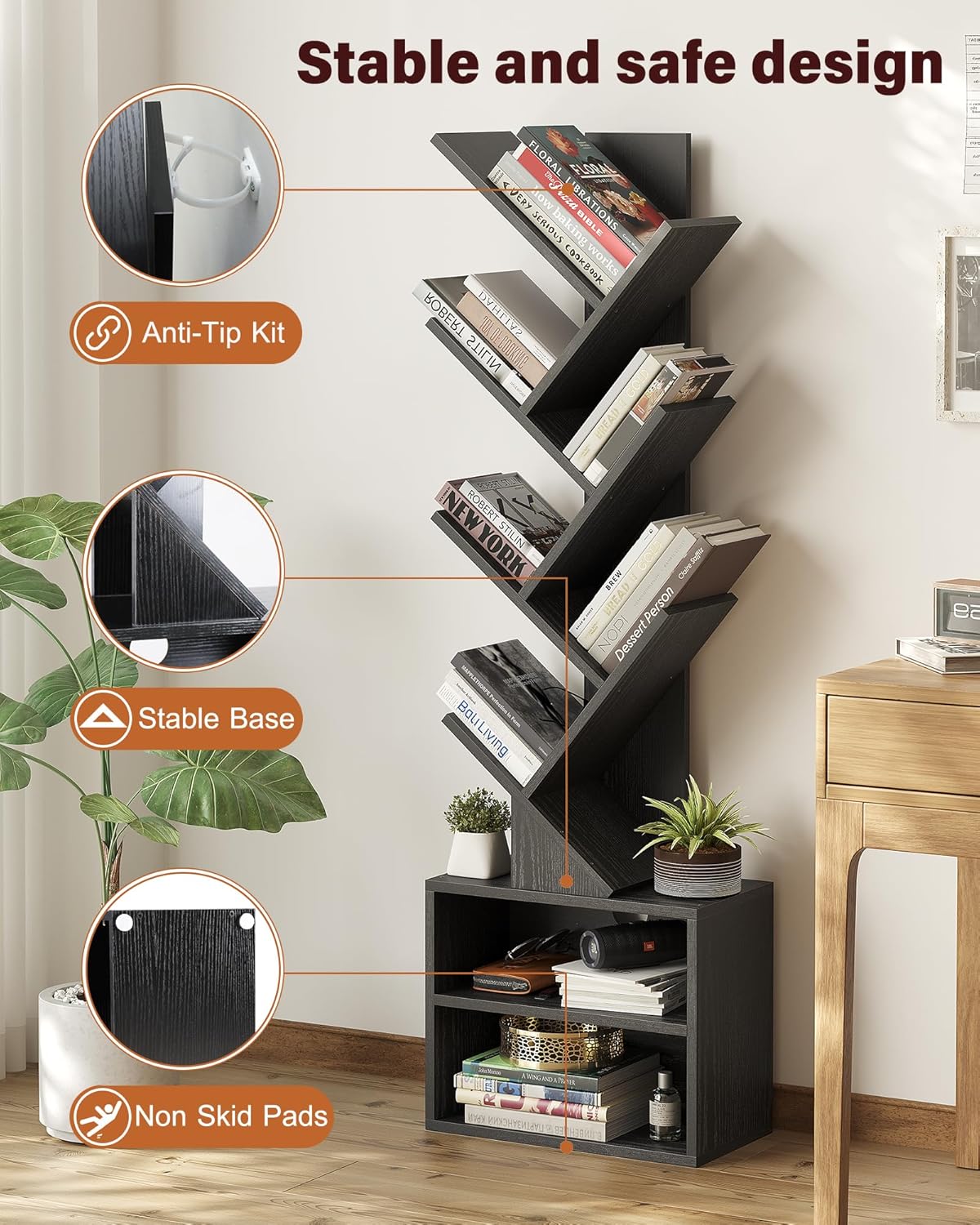SUNMORY 6 Tier Tree Bookshelf, Small Bookcase with Storage Cabinet, Modern Tall Narrow Bookshelves Organizer, Floor Standing Book Shelf for Bedroom/Living Room/Home Office/Corner, Rustic Brown