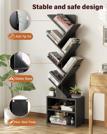SUNMORY 6 Tier Tree Bookshelf, Small Bookcase with Storage Cabinet, Modern Tall Narrow Bookshelves Organizer, Floor Standing Book Shelf for Bedroom/Living Room/Home Office/Corner, Rustic Brown