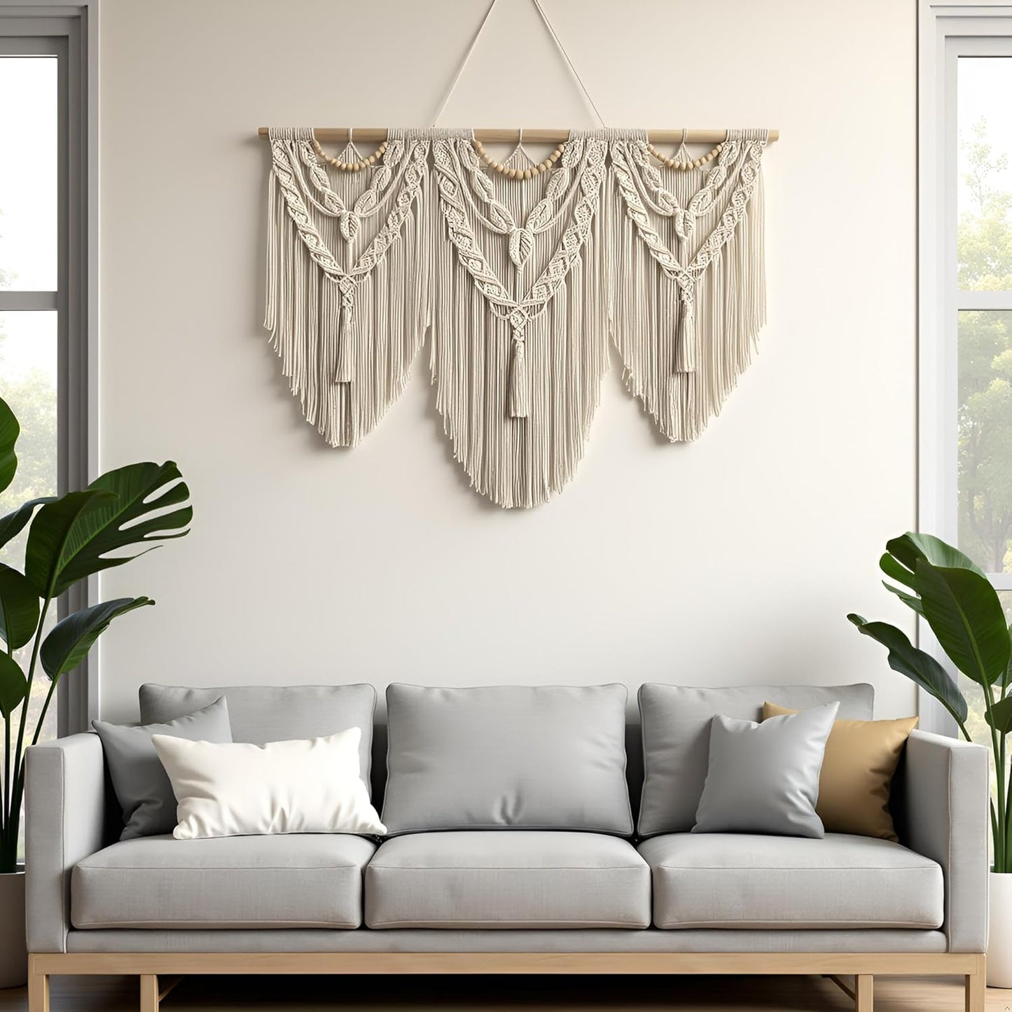 guzhiou large macrame wall hanging - Boho Tapestry Macrame Wall Decor Art- Chic Bohemian Handmade Woven Tapestry Home Decoration for Bedroom Living Room Apartment Wedding Party - 43"x32" (Wood bead)