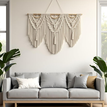 guzhiou large macrame wall hanging - Boho Tapestry Macrame Wall Decor Art- Chic Bohemian Handmade Woven Tapestry Home Decoration for Bedroom Living Room Apartment Wedding Party - 43"x32" (Wood bead)