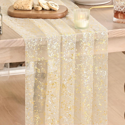 Artoid Mode Beige Gold Gauze Table Runner 120 Inch 10FT, Glitter Metallic Foil Sheer Dining Wedding Anniversary Holiday Birthday Table Decor for Home Party