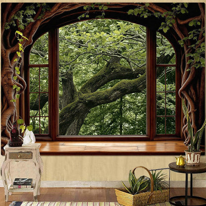 Lifeella Fantasy Castle Window Tapestry, Magic Woodland Scene Large Wall Backdrop, Fairytale Moon Mural for Bedroom Dorm Living Room Decor, 60x80 inches
