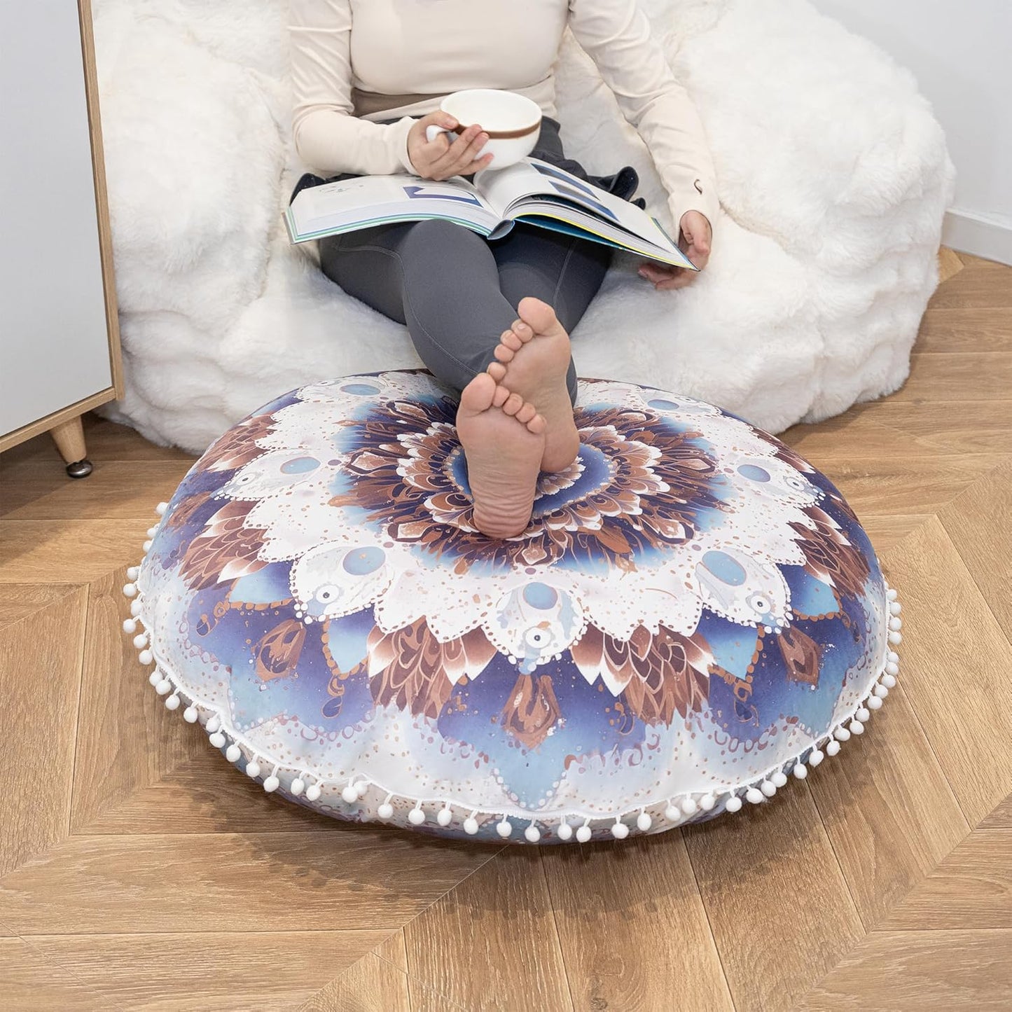 Meditation Cushion Set of 2, 32 Inch Extra Thick Memory Foam Round Floor Pillow with Removable Washable Cover, Bohemian Mandala Yoga Cushion for Adults - Ideal Holiday Decor, Brown