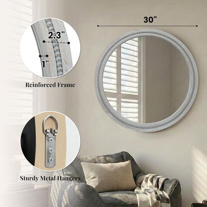 30" Round Solid Wood Mirror for Bathroom Vanity, Handcrafted Beaded Circle Wall Mirror - Natural Boho Farmhouse Decor for Entryway & Bedroom
