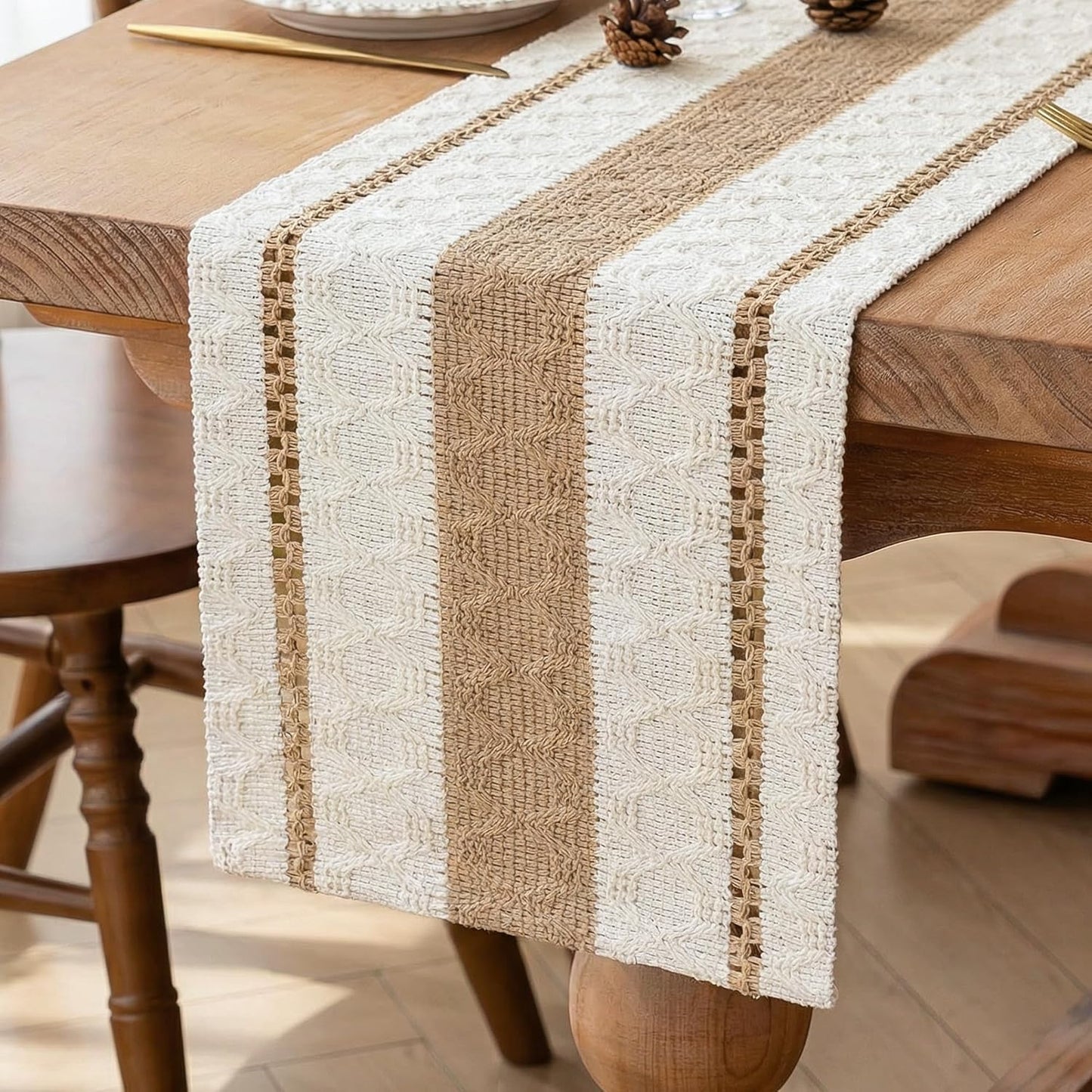 FEXIA Boho Table Runner for Thanksgiving Fall Christmas Home Decor with Tassels 72 Inches Long Pottery barn Furniture Farmhouse Rustic Macrame Burlap Table Decoration for Living Room (12x72 Inches)