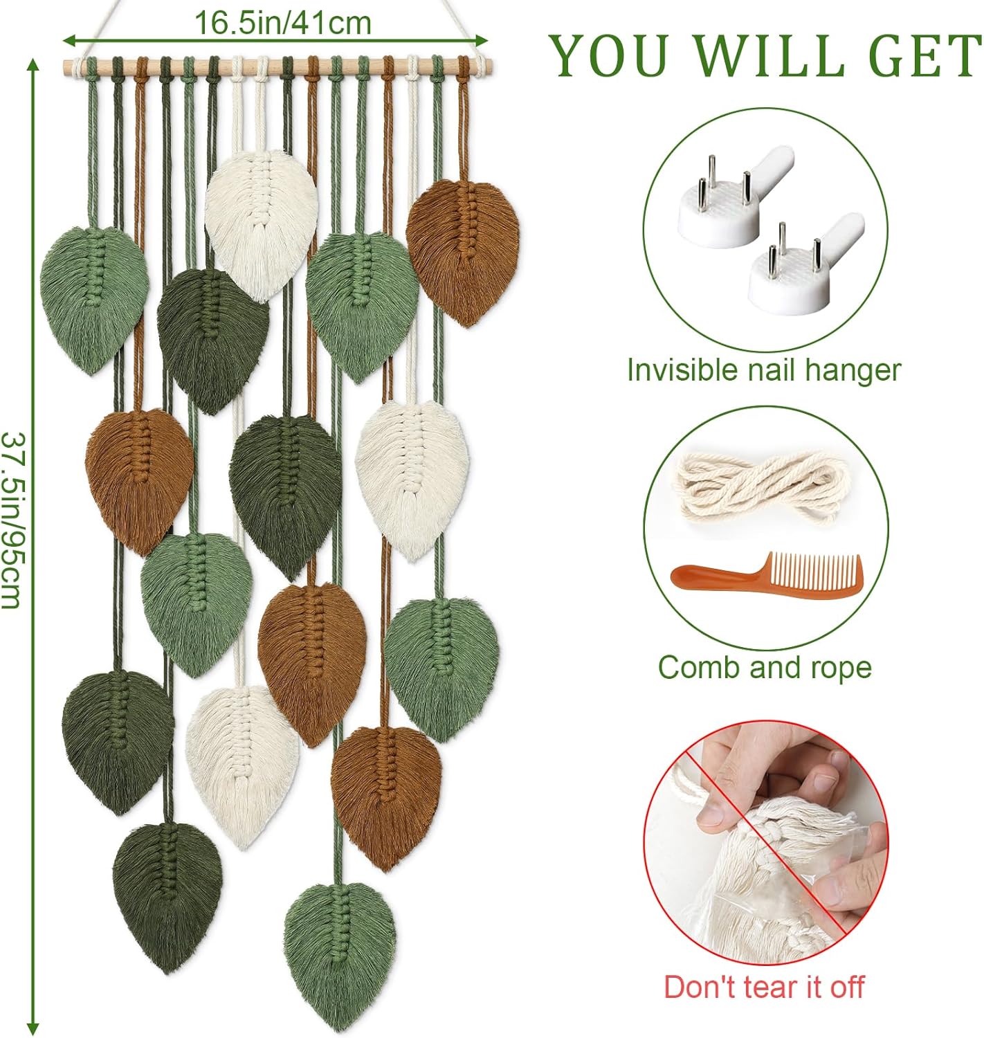 KHOYIME Large Macrame Wall Hanging Boho Woven Tapestry, Chic Home Decor Modern Bohemian Handmade Leaf Feather Wall Art Decorations for Apartment Dorm Living Room Bedroom Nursery Backdrop 39"W X 29.5"L
