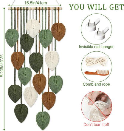 KHOYIME Large Macrame Wall Hanging Boho Woven Tapestry, Chic Home Decor Modern Bohemian Handmade Leaf Feather Wall Art Decorations for Apartment Dorm Living Room Bedroom Nursery Backdrop 39"W X 29.5"L