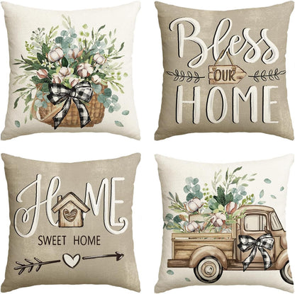 AVOIN colorlife Bless Our Home Farmhouse Eucalyptus Leaves Throw Pillow Covers, 18 x 18 Inch Truck Home Sweet Home Cushion Case Decorations Set of 4