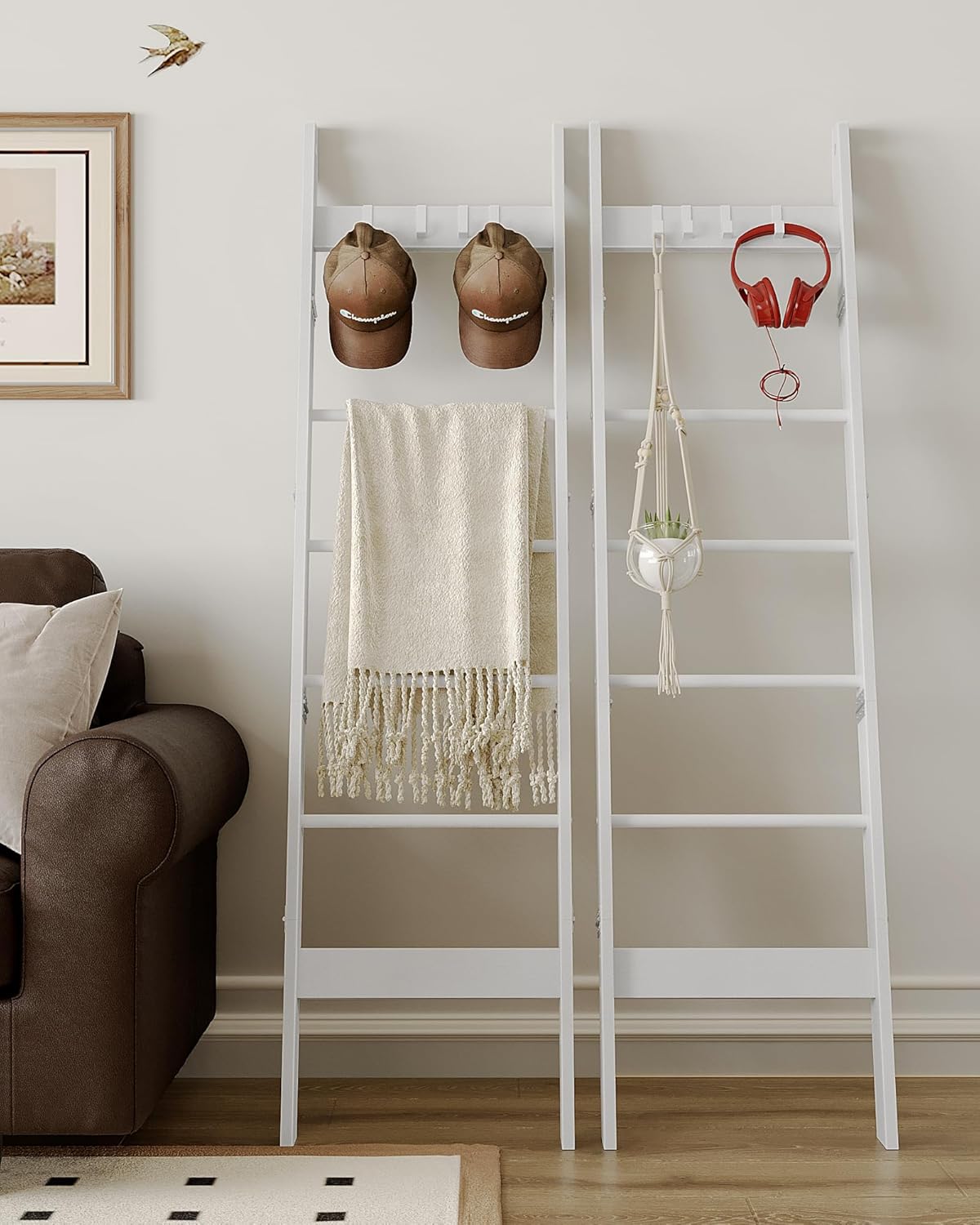 Hzuaneri Blanket Ladder for Living Room, Decorative Quilt Rack with 4 Removable Hooks, 5-Tier Farmhouse Ladder Holder Shelf Organizer for Bedroom, Rustic Brown and Black 02101BBR