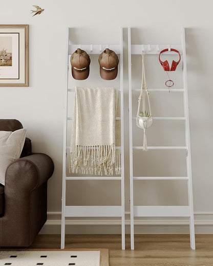 Hzuaneri Blanket Ladder for Living Room, Decorative Quilt Rack with 4 Removable Hooks, 5-Tier Farmhouse Ladder Holder Shelf Organizer for Bedroom, Rustic Brown and Black 02101BBR